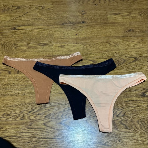 Set of Three Lace Trim Thongs KNICKEY organic cotton blend Large black nude tan